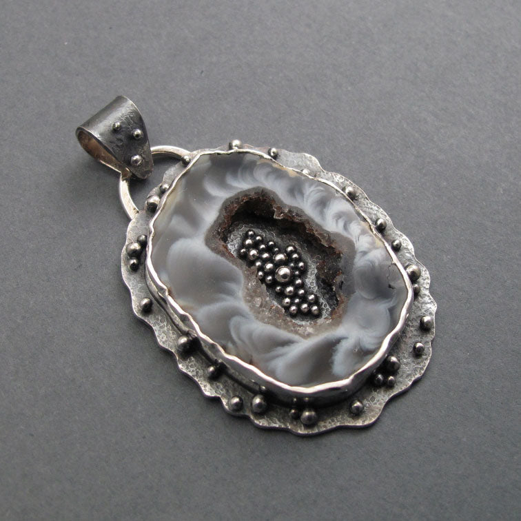 Agate Geode, Black White Gray  Sterling Silver Pendant, Druzy Crystal, Art Jewelry, Handcrafted, Natural Gem