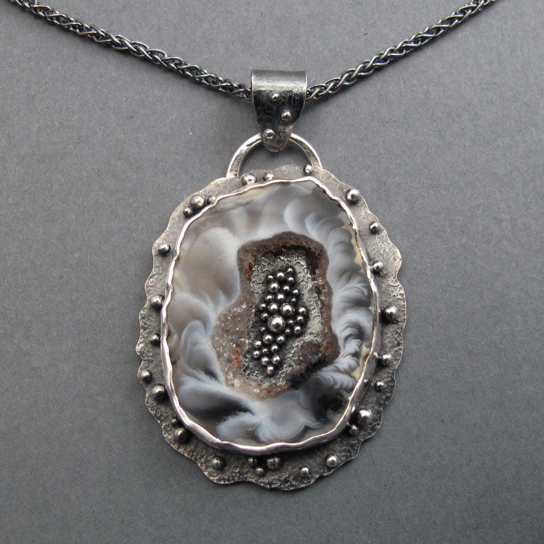 Agate Geode, Black White Gray  Sterling Silver Pendant, Druzy Crystal, Art Jewelry, Handcrafted, Natural Gem