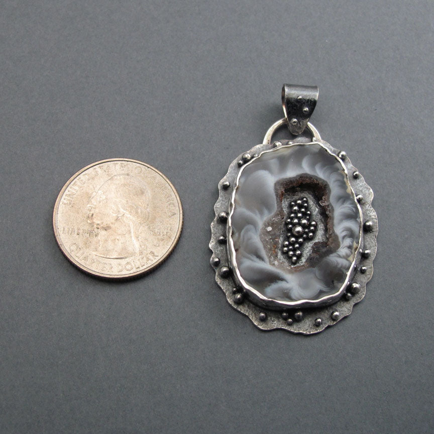 Agate Geode, Black White Gray  Sterling Silver Pendant, Druzy Crystal, Art Jewelry, Handcrafted, Natural Gem
