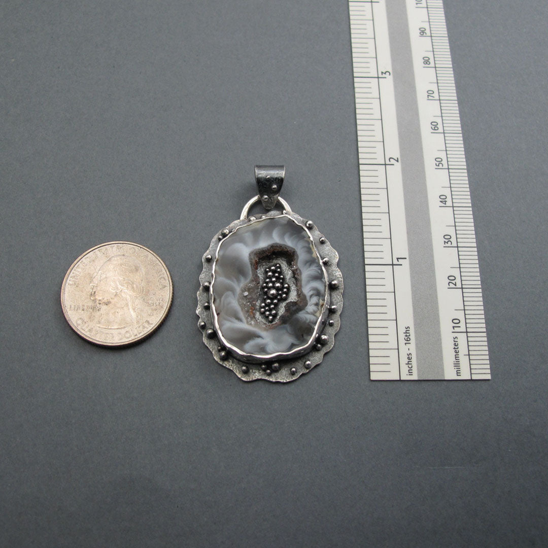 Agate Geode, Black White Gray  Sterling Silver Pendant, Druzy Crystal, Art Jewelry, Handcrafted, Natural Gem