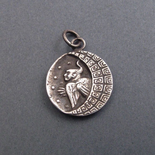 Greek Mythology Harpy Necklace, Crescent Moon Button Pendant, Sterling Silver, Feminist Jewelry, Birdwoman Talisman