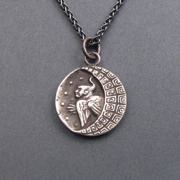 Greek Mythology Harpy Necklace, Crescent Moon Button Pendant, Sterling Silver, Feminist Jewelry, Birdwoman Talisman