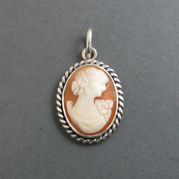 Carved Shell Cameo Pendant, Antique Victorian Sterling Silver Necklace, Romantic Jewelry