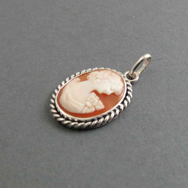 Carved Shell Cameo Pendant, Antique Victorian Sterling Silver Necklace, Romantic Jewelry