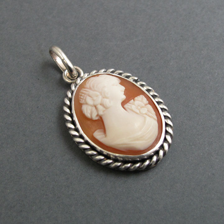 Carved Shell Cameo Pendant, Antique Victorian Sterling Silver Necklace, Romantic Jewelry