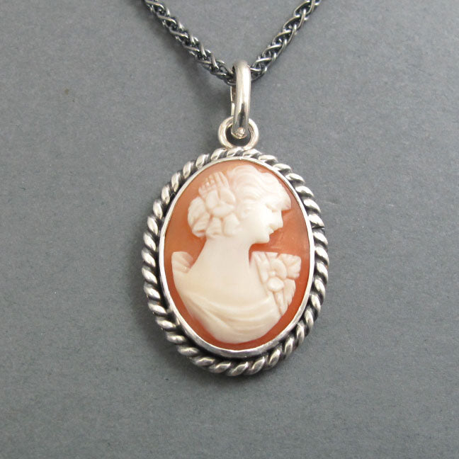 Carved Shell Cameo Pendant, Antique Victorian Sterling Silver Necklace, Romantic Jewelry