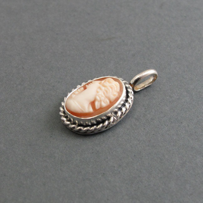 Left Facing Cameo Pendant, Carved Shell, Sterling Silver, Victorian Style, Artisan Made, Classical Design