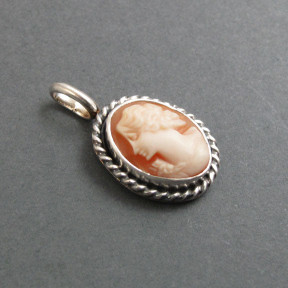 Left Facing Cameo Pendant, Carved Shell, Sterling Silver, Victorian Style, Artisan Made, Classical Design