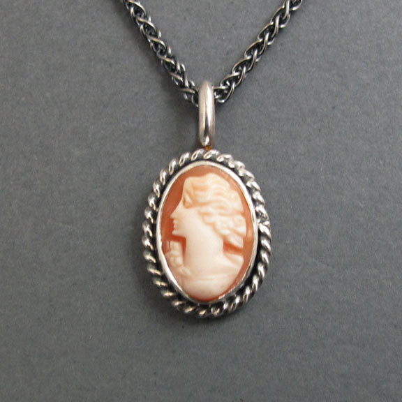 Left Facing Cameo Pendant, Carved Shell, Sterling Silver, Victorian Style, Artisan Made, Classical Design