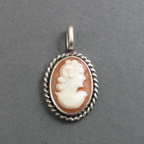 Carved Shell Cameo, Antique Cameo Pendant, Sterling Silver Vintage Shell Charm, Antique Victorian Necklace, Woman's Profile, Helmet Shell