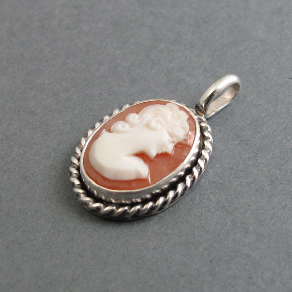 Carved Shell Cameo, Antique Cameo Pendant, Sterling Silver Vintage Shell Charm, Antique Victorian Necklace, Woman's Profile, Helmet Shell