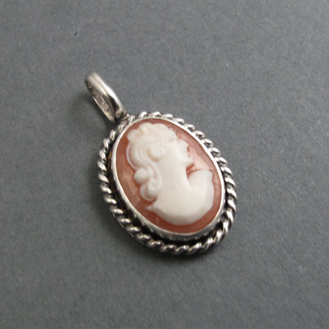 Carved Shell Cameo, Antique Cameo Pendant, Sterling Silver Vintage Shell Charm, Antique Victorian Necklace, Woman's Profile, Helmet Shell