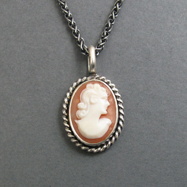 Carved Shell Cameo, Antique Cameo Pendant, Sterling Silver Vintage Shell Charm, Antique Victorian Necklace, Woman's Profile, Helmet Shell
