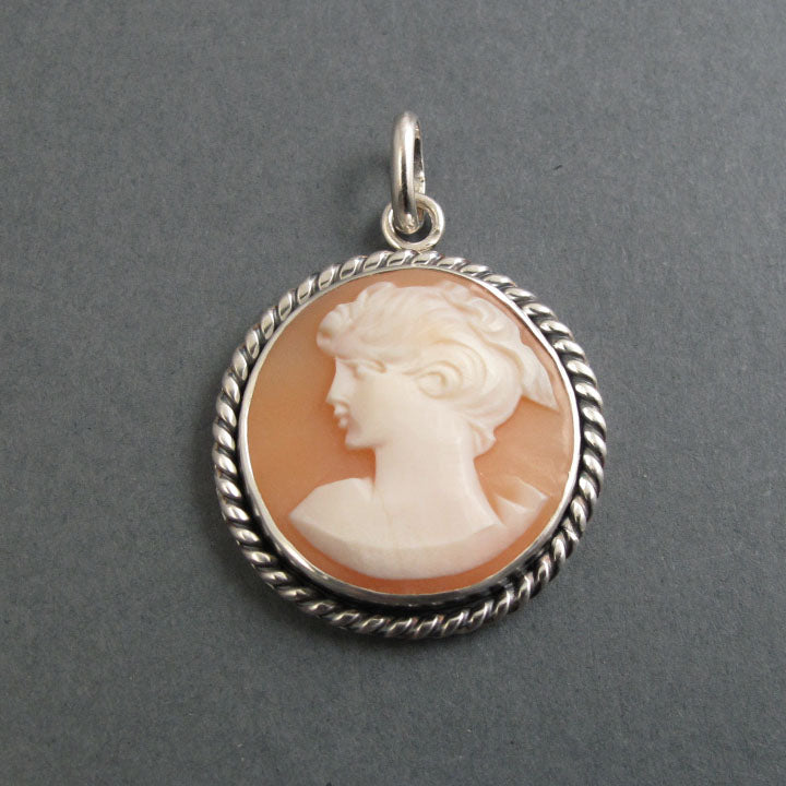 Left Facing Carved Shell Cameo, Antique Cameo Pendant, Sterling Silver Necklace, Victorian Helmet Shell Cameo
