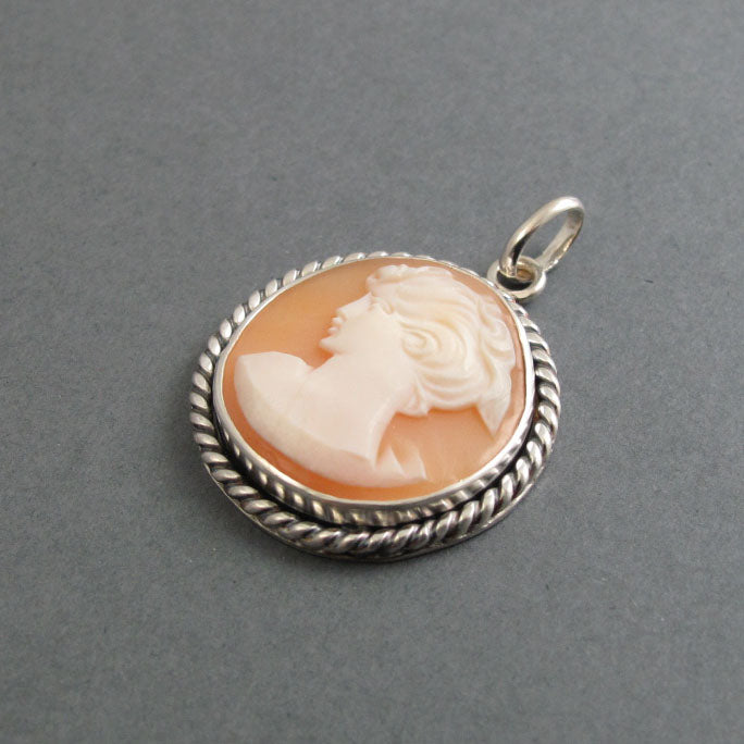 Left Facing Carved Shell Cameo, Antique Cameo Pendant, Sterling Silver Necklace, Victorian Helmet Shell Cameo