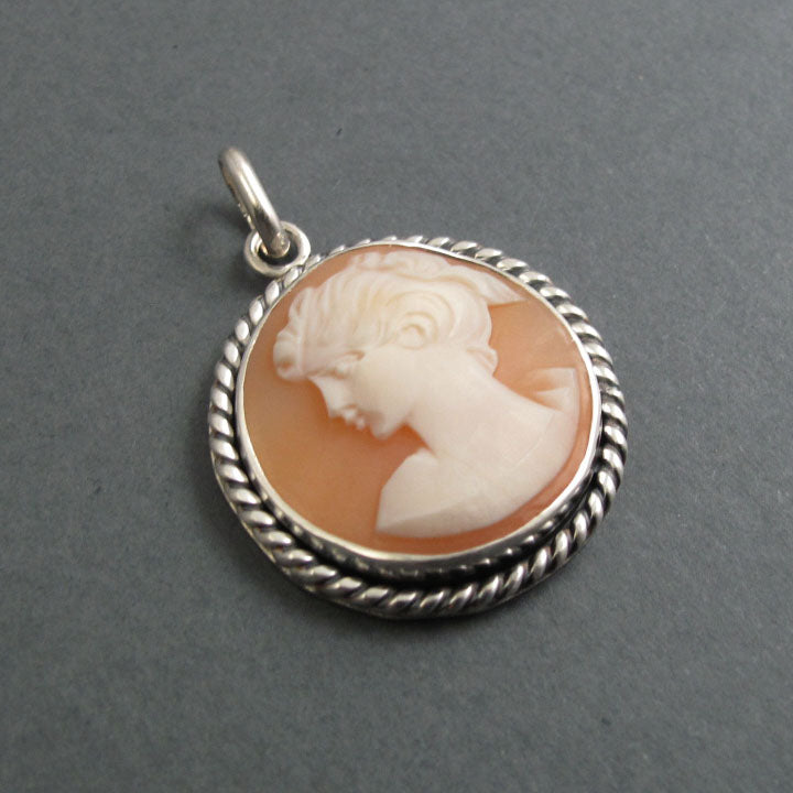 Left Facing Carved Shell Cameo, Antique Cameo Pendant, Sterling Silver Necklace, Victorian Helmet Shell Cameo