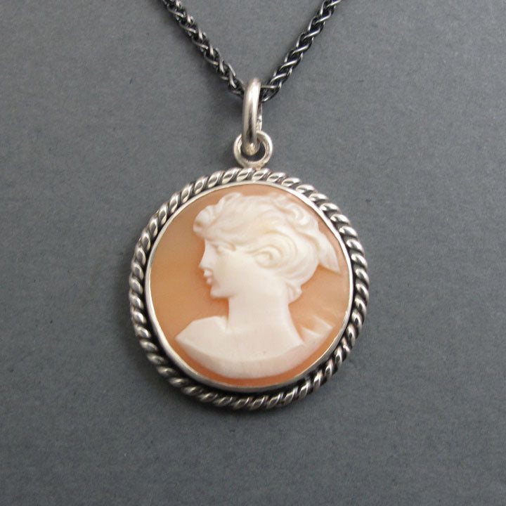 Left Facing Carved Shell Cameo, Antique Cameo Pendant, Sterling Silver Necklace, Victorian Helmet Shell Cameo