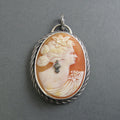 Helmet Shell Carved  Cameo, Antique Cameo Pendant, Woman's Profile, Cameo Habille, Dramatic Statement Necklace, Sterling Silver