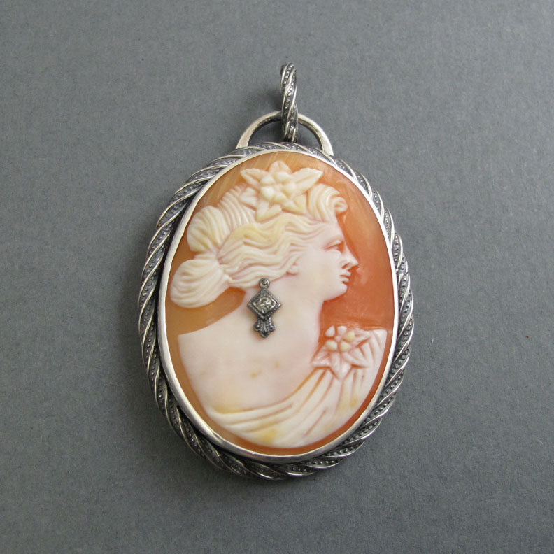 Helmet Shell Carved  Cameo, Antique Cameo Pendant, Woman's Profile, Cameo Habille, Dramatic Statement Necklace, Sterling Silver