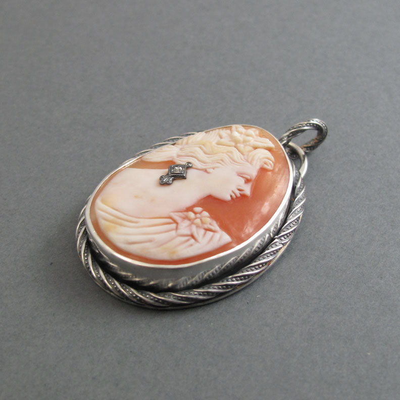 Helmet Shell Carved  Cameo, Antique Cameo Pendant, Woman's Profile, Cameo Habille, Dramatic Statement Necklace, Sterling Silver