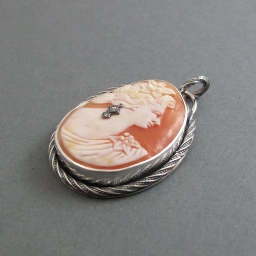 Cameo Habillé Pendant, Woman with Flower, Sterling Silver, Antique Helmet Shell Cameo, Statement Necklace