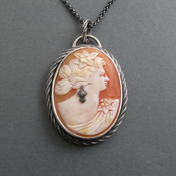 Helmet Shell Carved  Cameo, Antique Cameo Pendant, Woman's Profile, Cameo Habille, Dramatic Statement Necklace, Sterling Silver