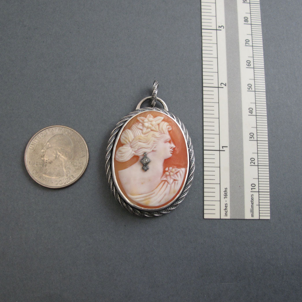 Helmet Shell Carved  Cameo, Antique Cameo Pendant, Woman's Profile, Cameo Habille, Dramatic Statement Necklace, Sterling Silver
