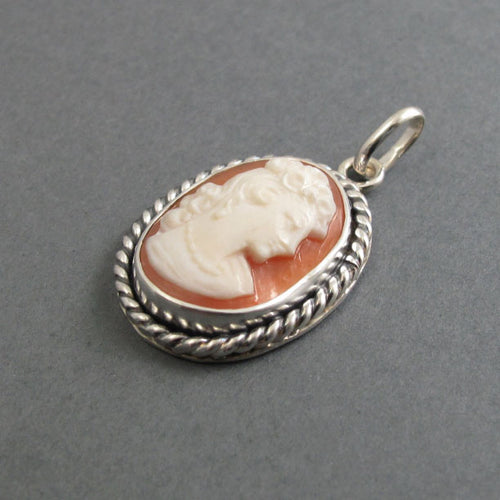 Carved Cameo Pendant, Curly Haired Woman, Sterling Silver, Antique Helmet Shell Cameo, Victorian Necklace