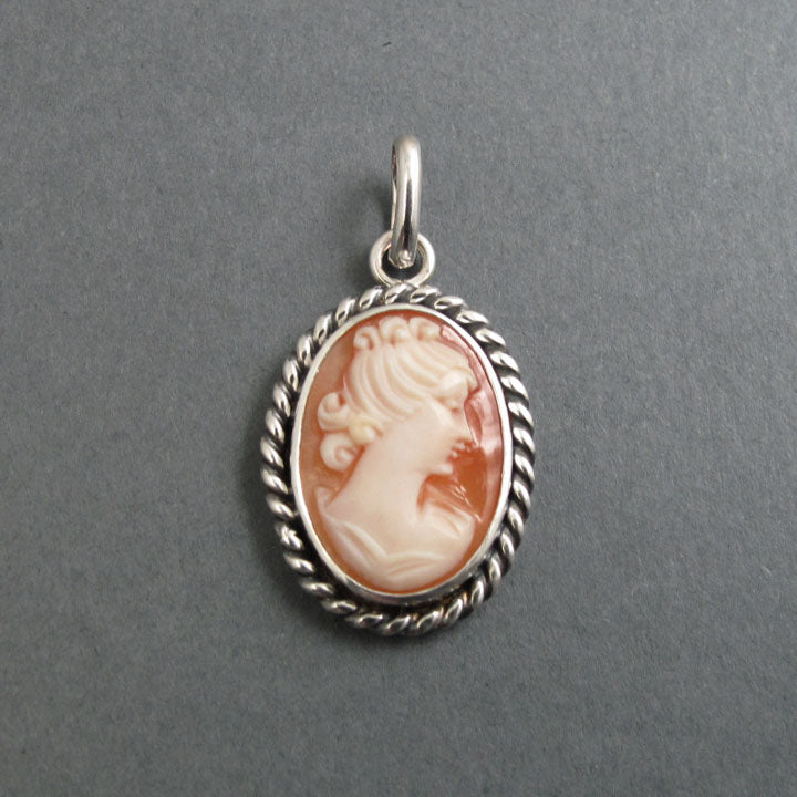 Woman with Curls Carved Shell Cameo, Victorian Cameo Pendant Necklace, Sterling Silver Cameo, Elegant Female Profile