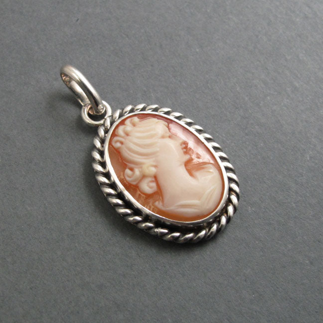 Woman with Curls Carved Shell Cameo, Victorian Cameo Pendant Necklace, Sterling Silver Cameo, Elegant Female Profile