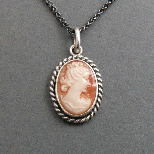 Woman with Curls Carved Shell Cameo, Victorian Cameo Pendant Necklace, Sterling Silver Cameo, Elegant Female Profile