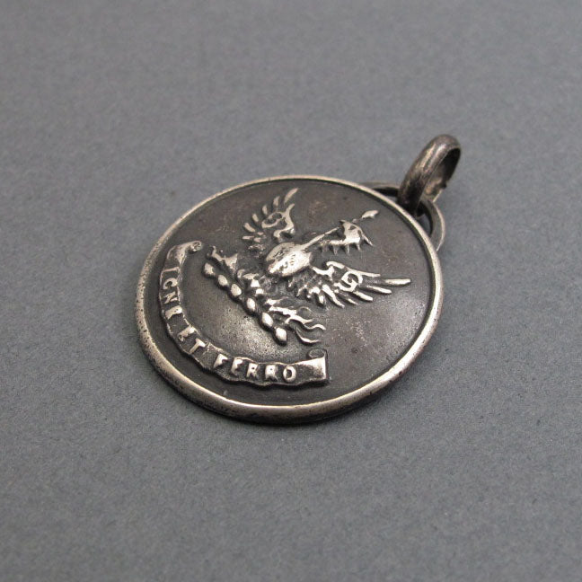 Fire and Steel, Sterling Silver Motto Pendant, Phoenix with Spear, Rebirth Talisman, Transformation Necklace
