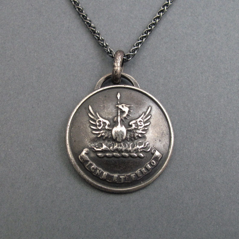 Fire and Steel, Sterling Silver Motto Pendant, Phoenix with Spear, Rebirth Talisman, Transformation Necklace