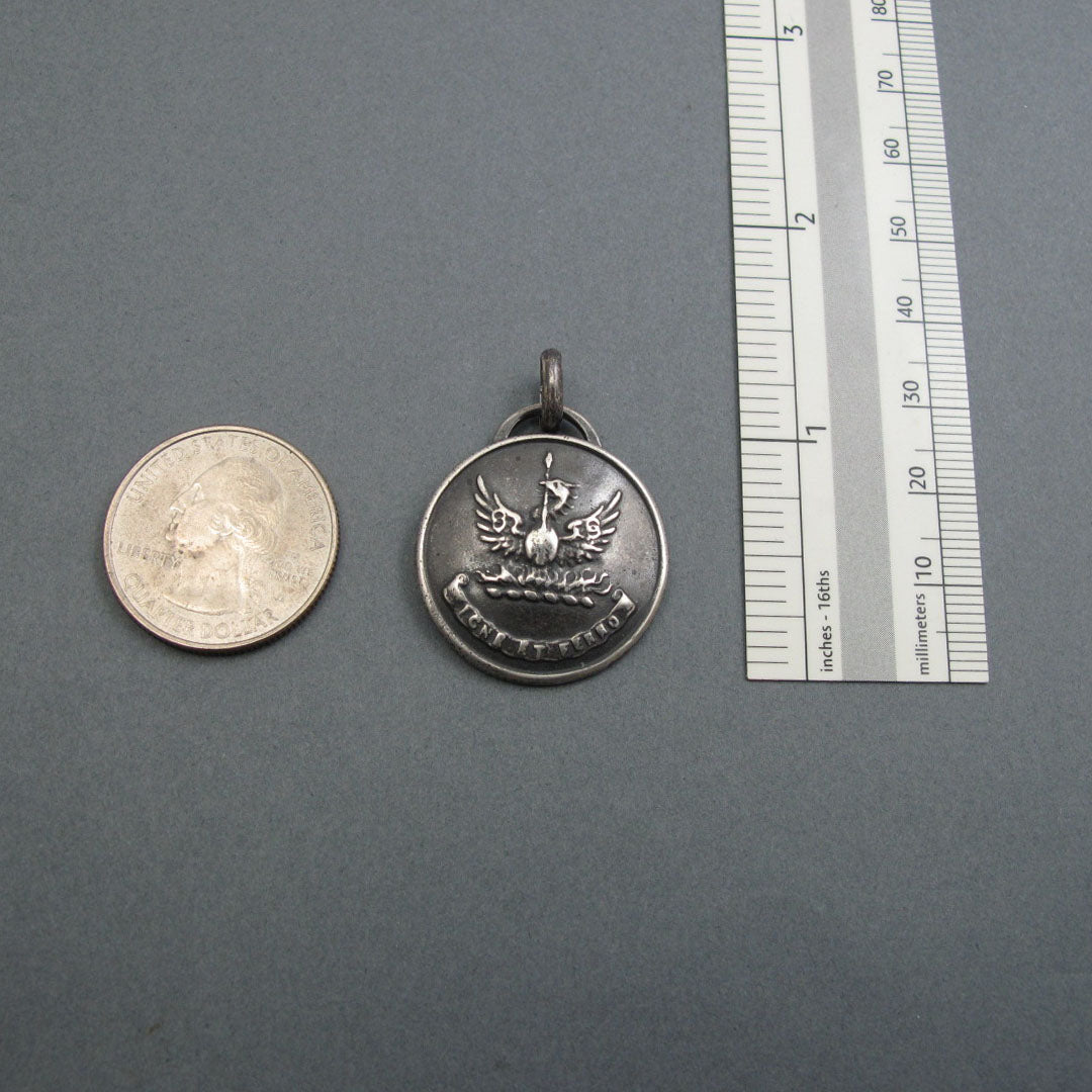 Fire and Steel, Sterling Silver Motto Pendant, Phoenix with Spear, Rebirth Talisman, Transformation Necklace