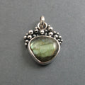 Labradorite Pendant, Sterling Silver, Oxidized Granulation, Green Gold Flash, Triangle Statement Necklace