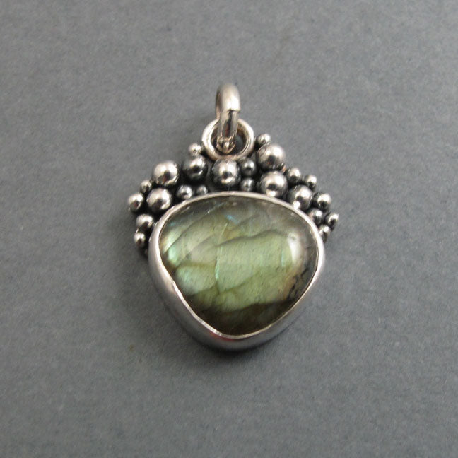Labradorite Pendant, Sterling Silver, Oxidized Granulation, Green Gold Flash, Triangle Statement Necklace