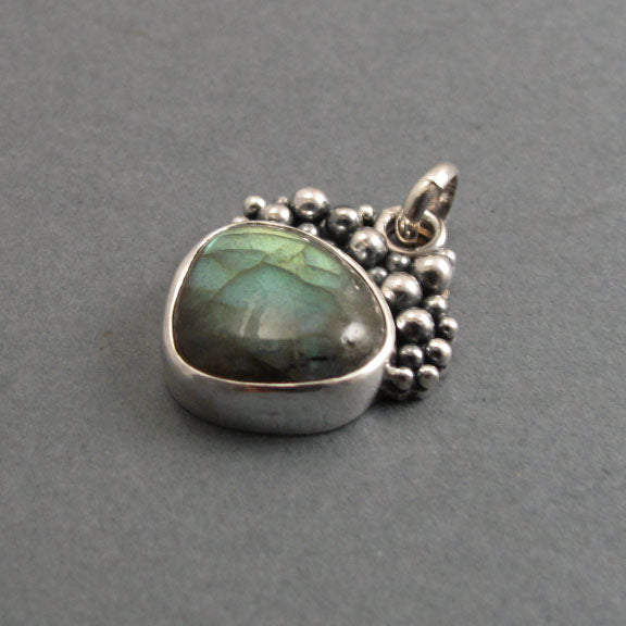 Labradorite Pendant, Sterling Silver, Oxidized Granulation, Green Gold Flash, Triangle Statement Necklace