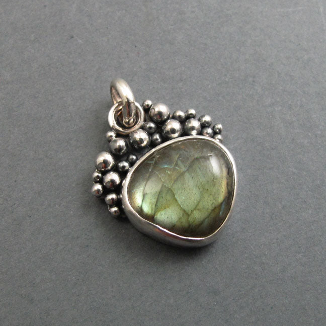Labradorite Pendant, Sterling Silver, Oxidized Granulation, Green Gold Flash, Triangle Statement Necklace