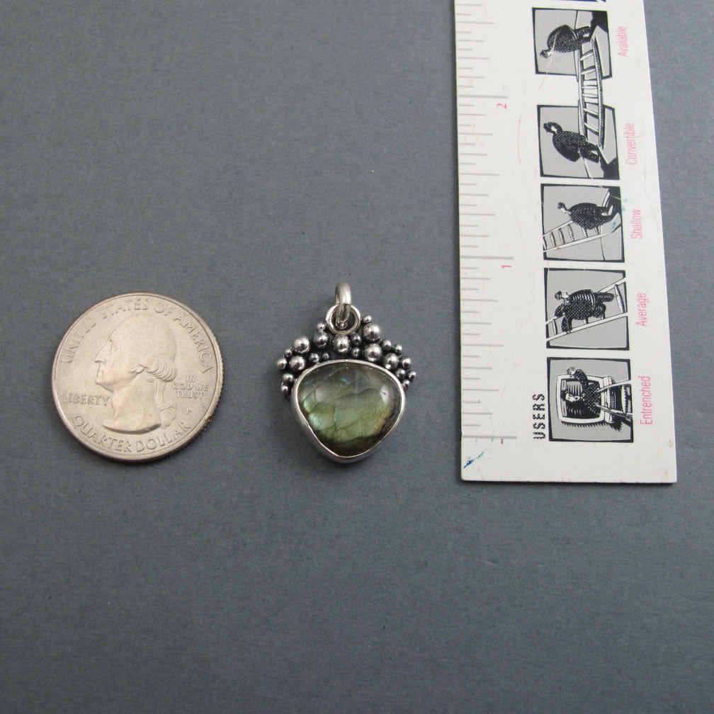 Labradorite Pendant, Sterling Silver, Oxidized Granulation, Green Gold Flash, Triangle Statement Necklace