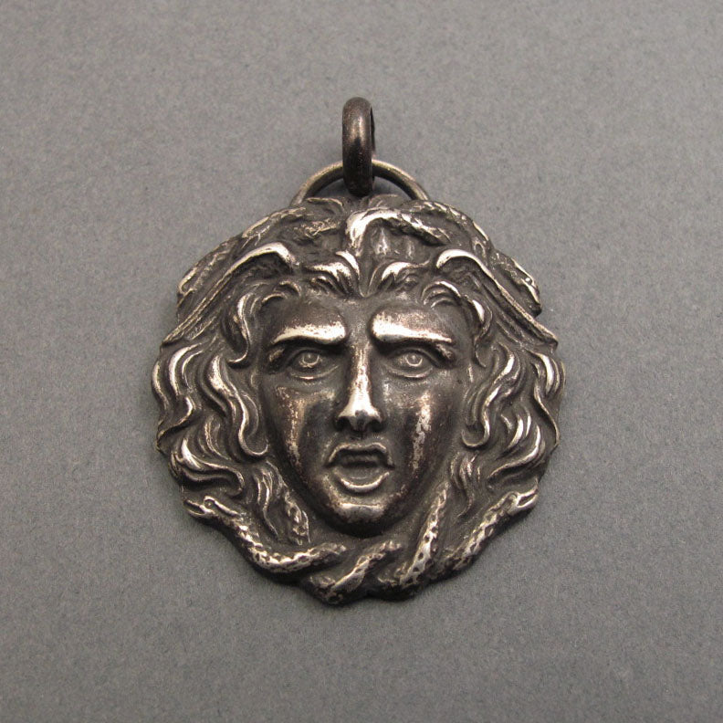Medusa Mythology Protection Pendant, Upcycled Feminist Statement Necklace, Sterling Silver Victorian Militaria