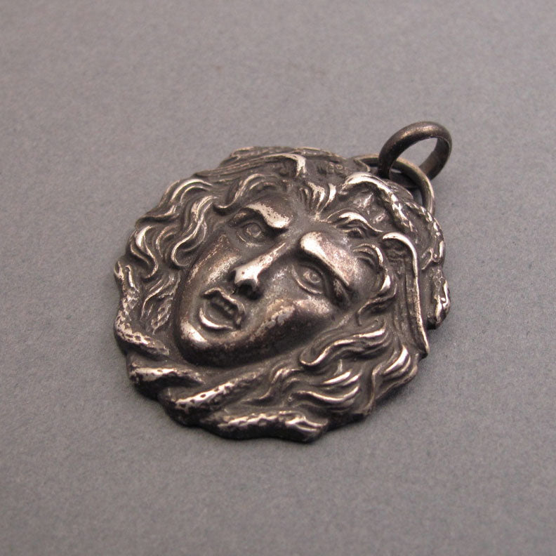 Medusa Mythology Protection Pendant, Upcycled Feminist Statement Necklace, Sterling Silver Victorian Militaria