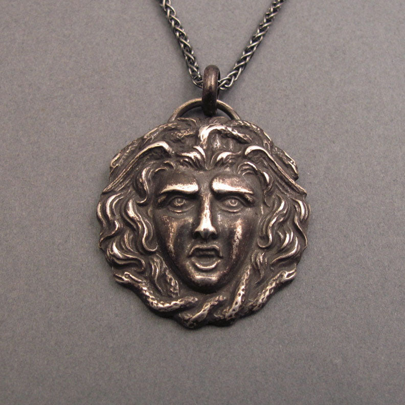 Medusa Mythology Protection Pendant, Upcycled Feminist Statement Necklace, Sterling Silver Victorian Militaria