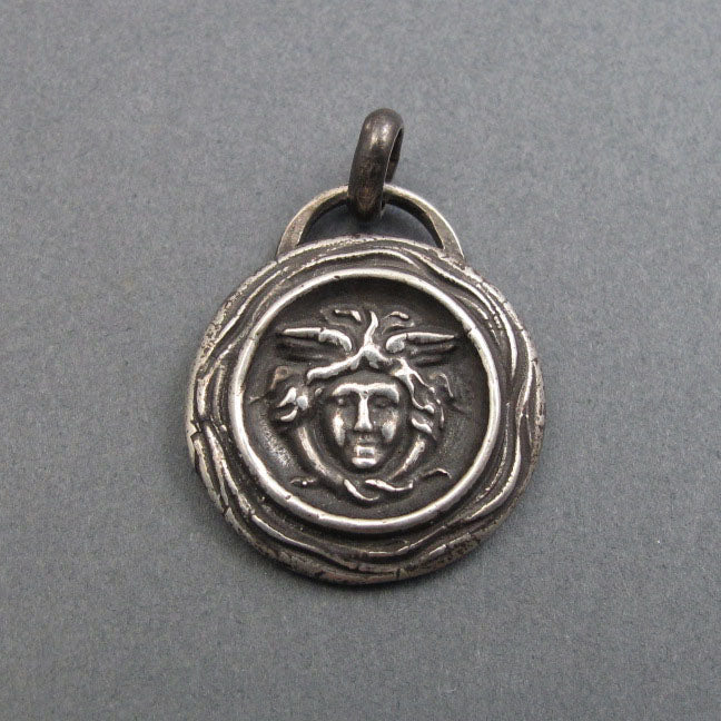 Sterling Silver Medusa Pendant, Gorgon Necklace, Feminist Talisman, Antique Victorian Button Jewelry, Mythology