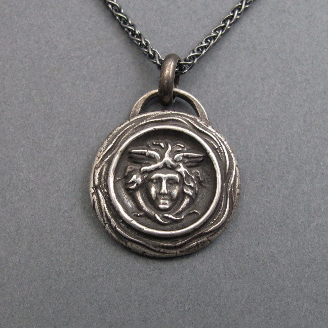 Sterling Silver Medusa Pendant, Gorgon Necklace, Feminist Talisman, Antique Victorian Button Jewelry, Mythology