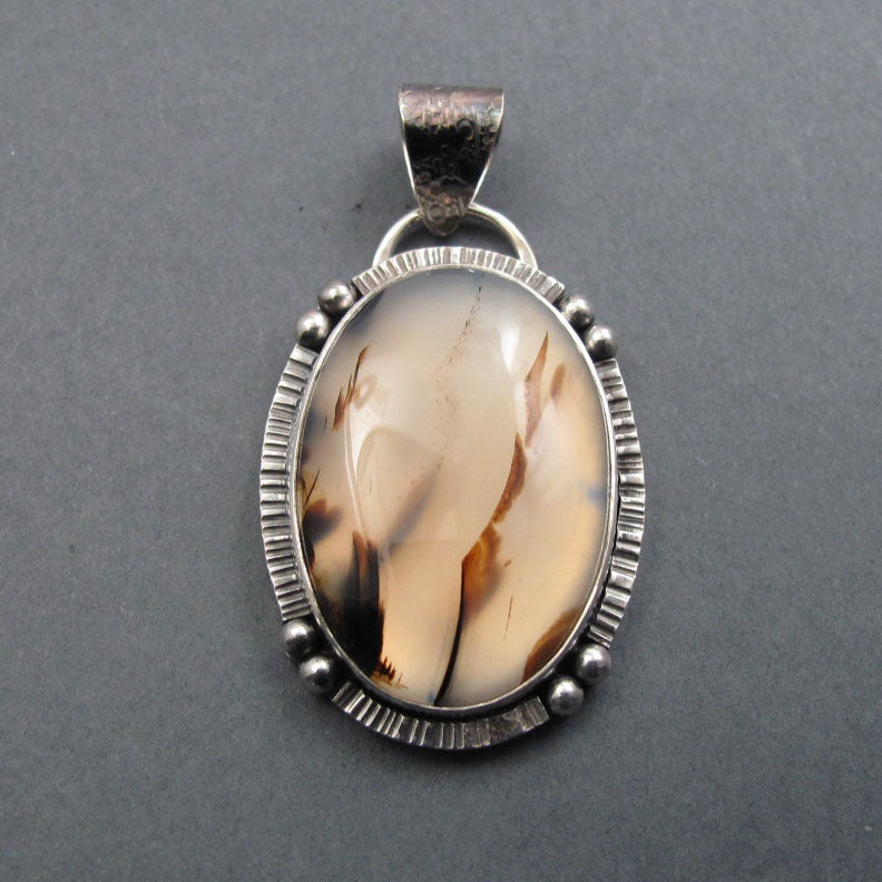 Montana Agate Pendant, Sterling Silver, Moss Agate Oval Cabochon, Handmade Unisex Jewelry, Natural Stone