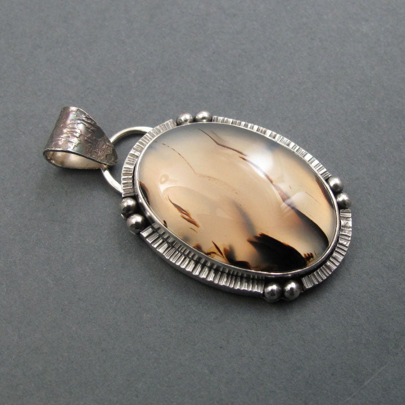 Montana Agate Pendant, Sterling Silver, Moss Agate Oval Cabochon, Handmade Unisex Jewelry, Natural Stone