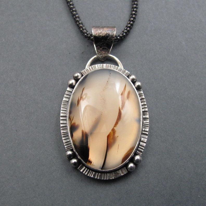 Montana Agate Pendant, Sterling Silver, Moss Agate Oval Cabochon, Handmade Unisex Jewelry, Natural Stone