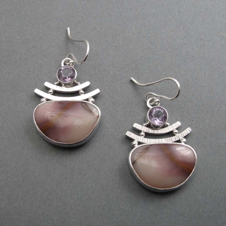 Mooka Jasper Amethyst Earrings, Sterling Silver, Two Stone Cabochon, Natural Gem, Handmade Statement Jewelry