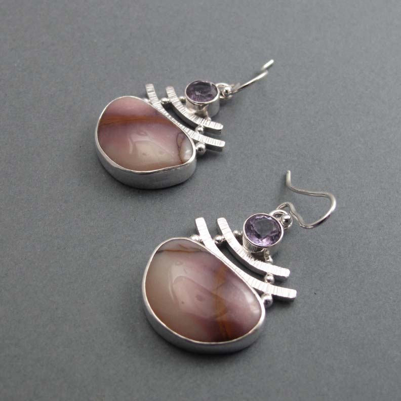 Mooka Jasper Amethyst Earrings, Sterling Silver, Two Stone Cabochon, Natural Gem, Handmade Statement Jewelry