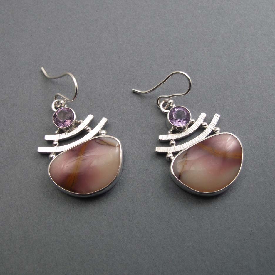 Mooka Jasper Amethyst Earrings, Sterling Silver, Two Stone Cabochon, Natural Gem, Handmade Statement Jewelry